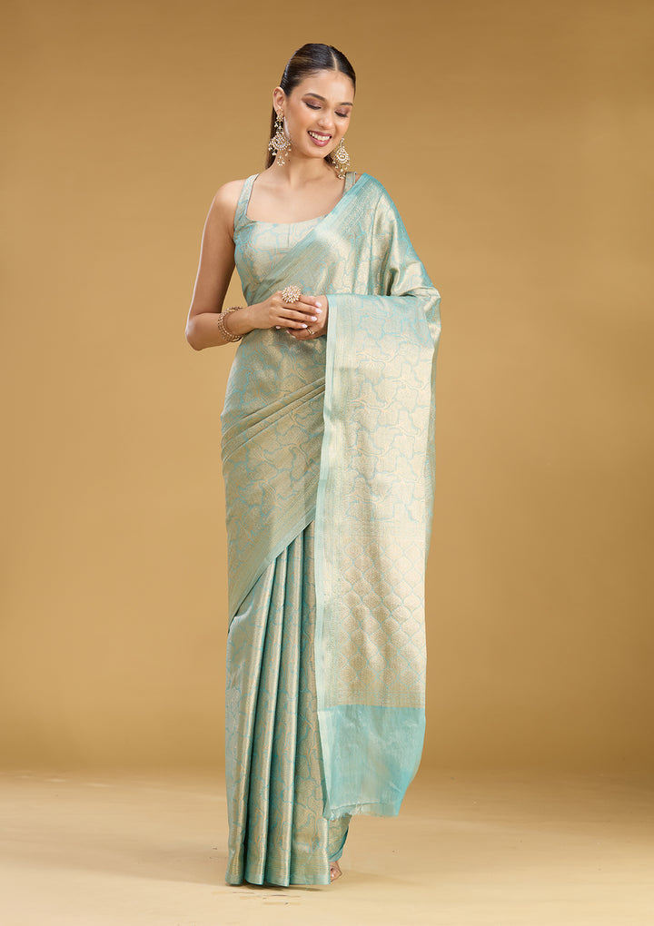 Sky Blue Tissue Jaal Gold Zariwork Saree With Matching Blouse Piece