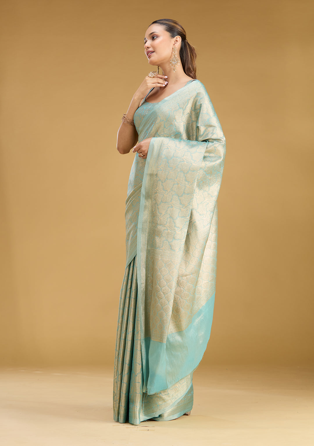 Sky Blue Tissue Jaal Gold Zariwork Saree With Matching Blouse Piece