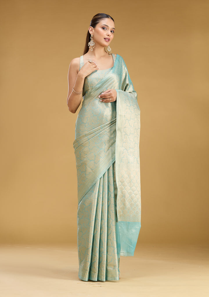 Sky Blue Tissue Jaal Gold Zariwork Saree With Matching Blouse Piece