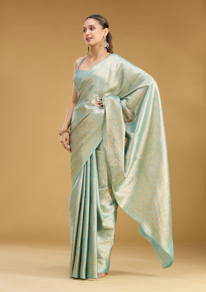 Sky Blue Tissue Jaal Gold Zariwork Saree With Matching Blouse Piece