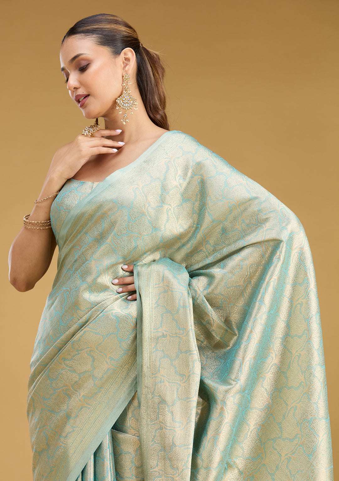Sky Blue Tissue Jaal Gold Zariwork Saree With Matching Blouse Piece