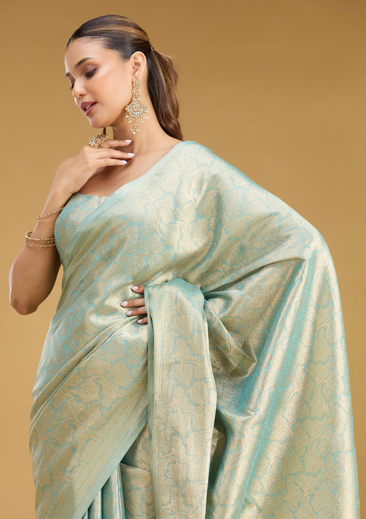 Sky Blue Tissue Jaal Gold Zariwork Saree With Matching Blouse Piece