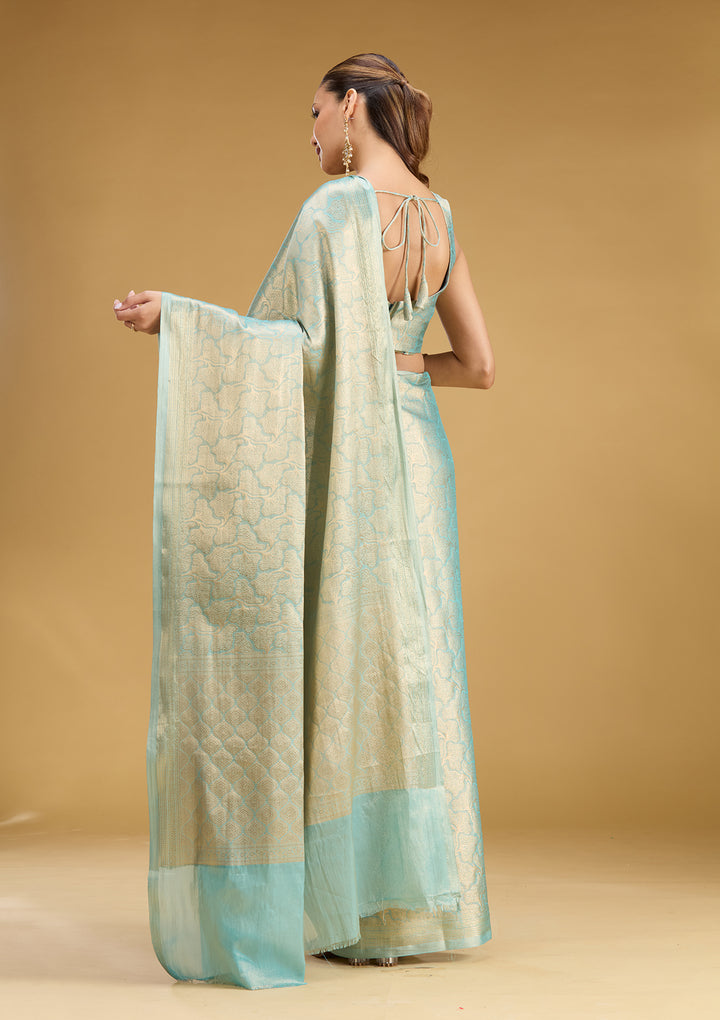 Sky Blue Tissue Jaal Gold Zariwork Saree With Matching Blouse Piece