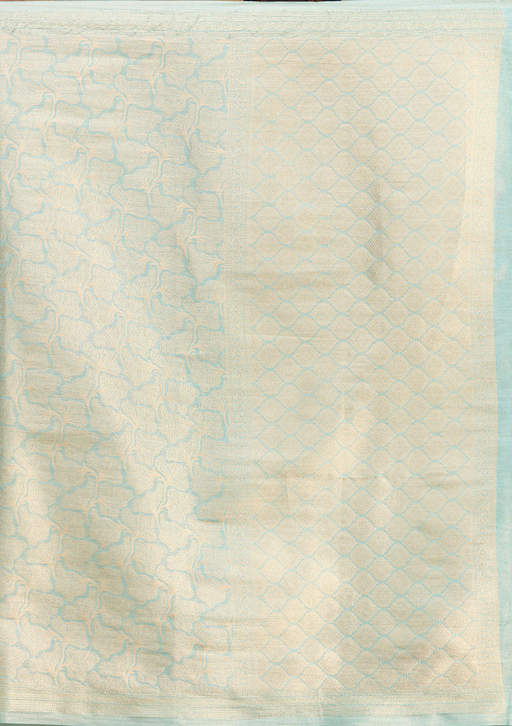 Sky Blue Tissue Jaal Gold Zariwork Saree With Matching Blouse Piece