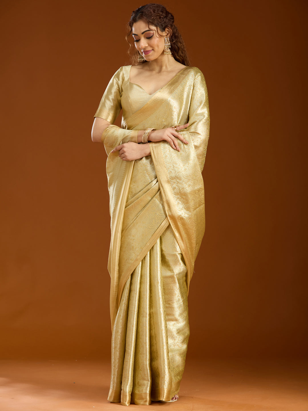 Gold Tissue Jaal Gold Zariwork Saree With Matching Blouse Piece