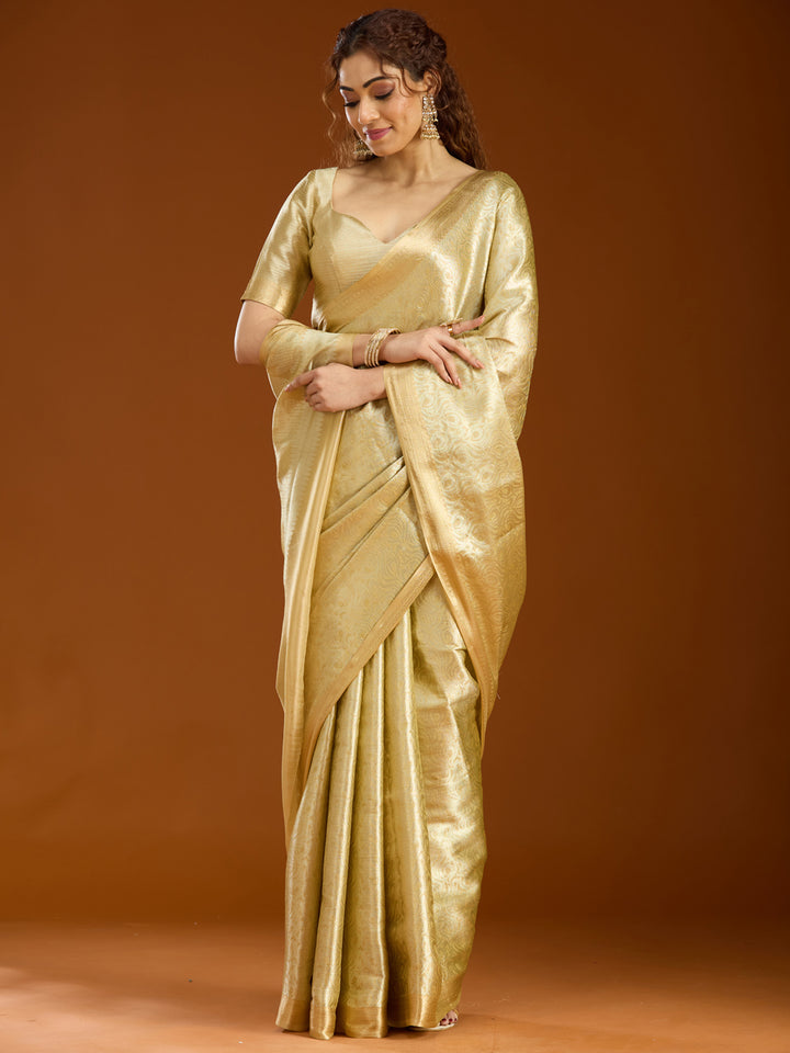 Gold Tissue Jaal Gold Zariwork Saree With Matching Blouse Piece