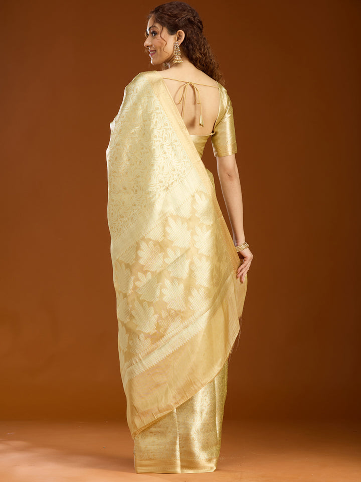Gold Tissue Jaal Gold Zariwork Saree With Matching Blouse Piece