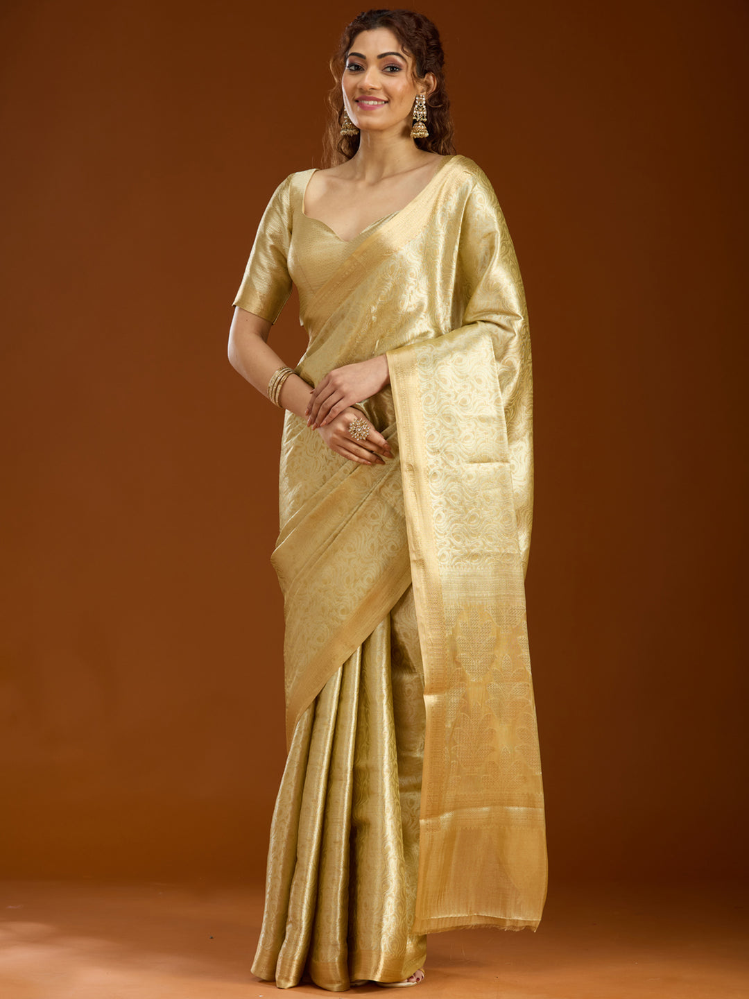 Gold Tissue Jaal Gold Zariwork Saree With Matching Blouse Piece
