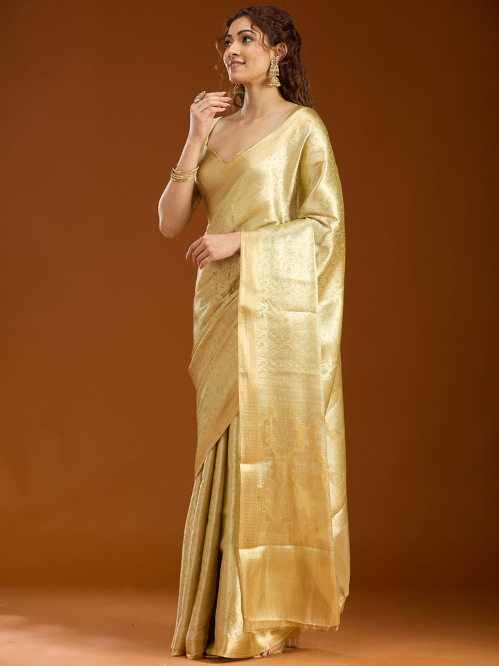 Gold Tissue Jaal Gold Zariwork Saree With Matching Blouse Piece