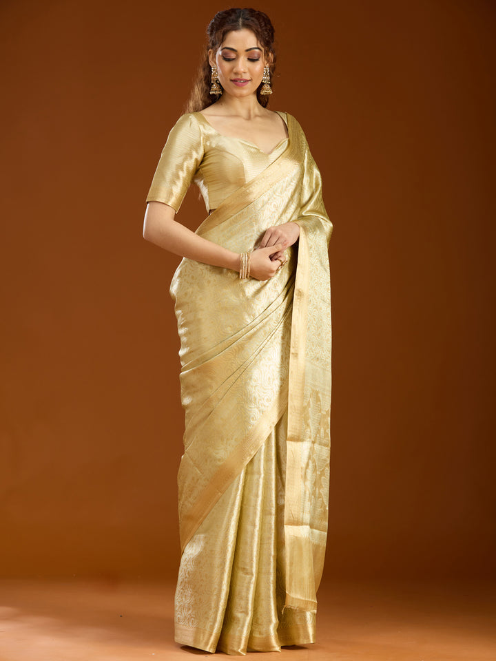 Gold Tissue Jaal Gold Zariwork Saree With Matching Blouse Piece