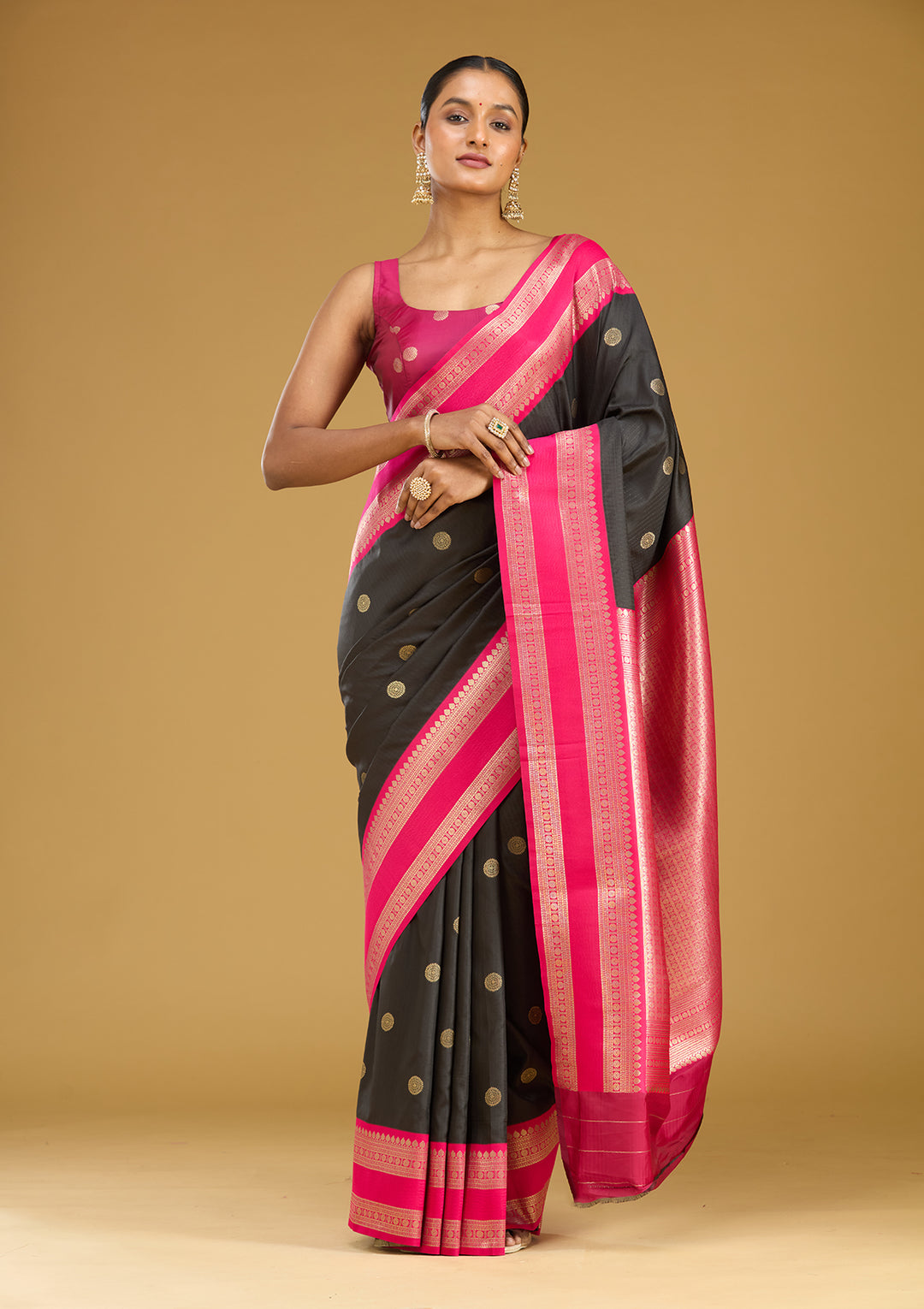 Black Silk Buti Gold Zariwork Saree With Matching Blouse Piece