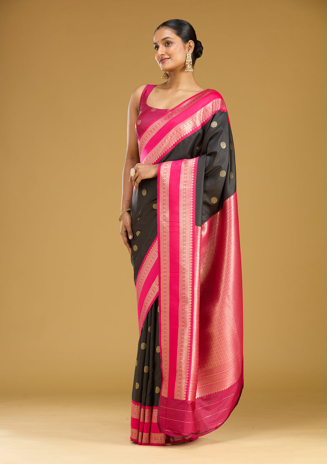 Black Silk Buti Gold Zariwork Saree With Matching Blouse Piece