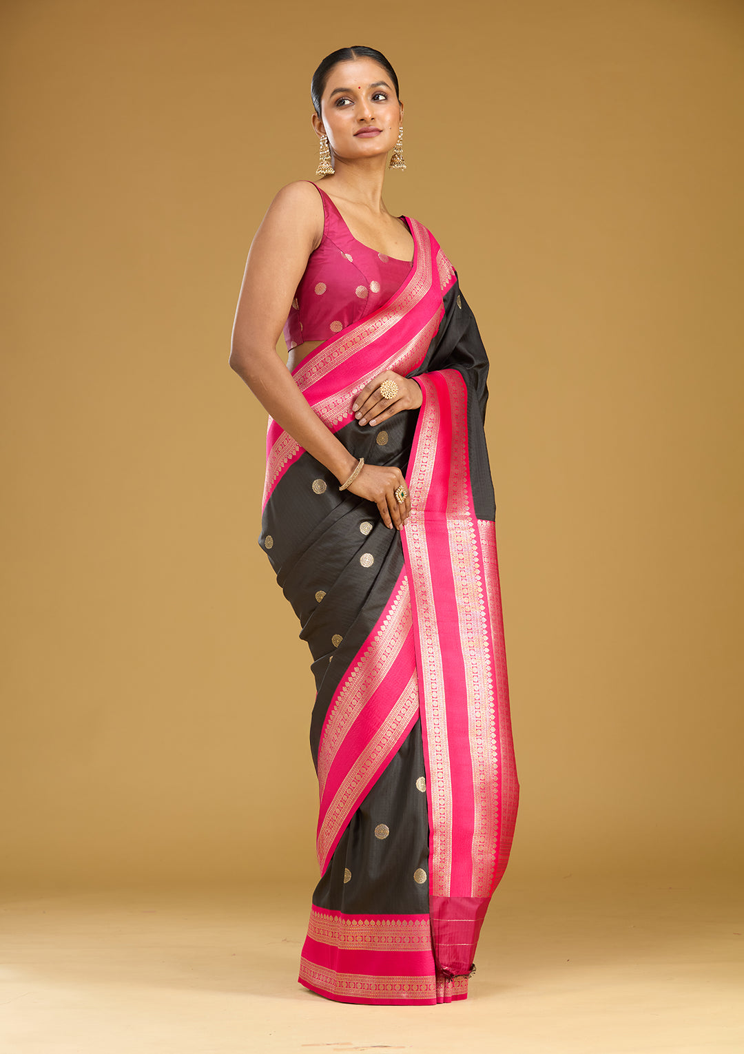 Black Silk Buti Gold Zariwork Saree With Matching Blouse Piece