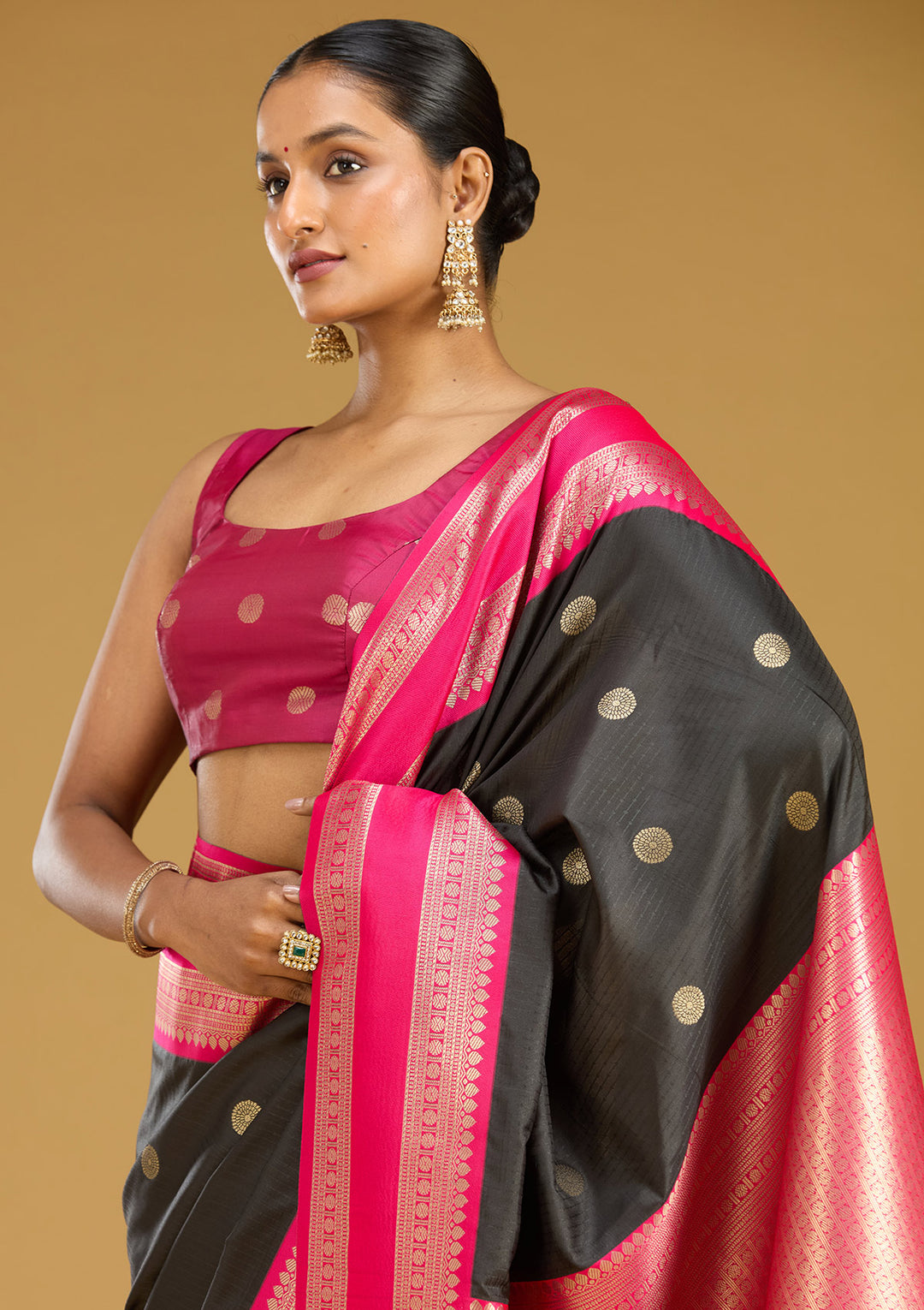 Black Silk Buti Gold Zariwork Saree With Matching Blouse Piece