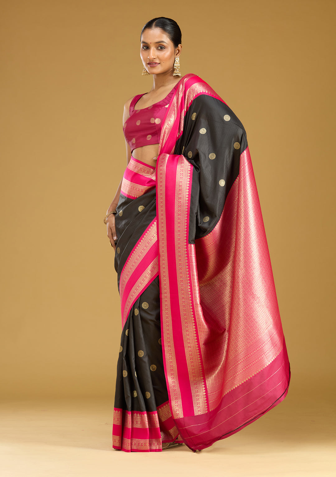 Black Silk Buti Gold Zariwork Saree With Matching Blouse Piece