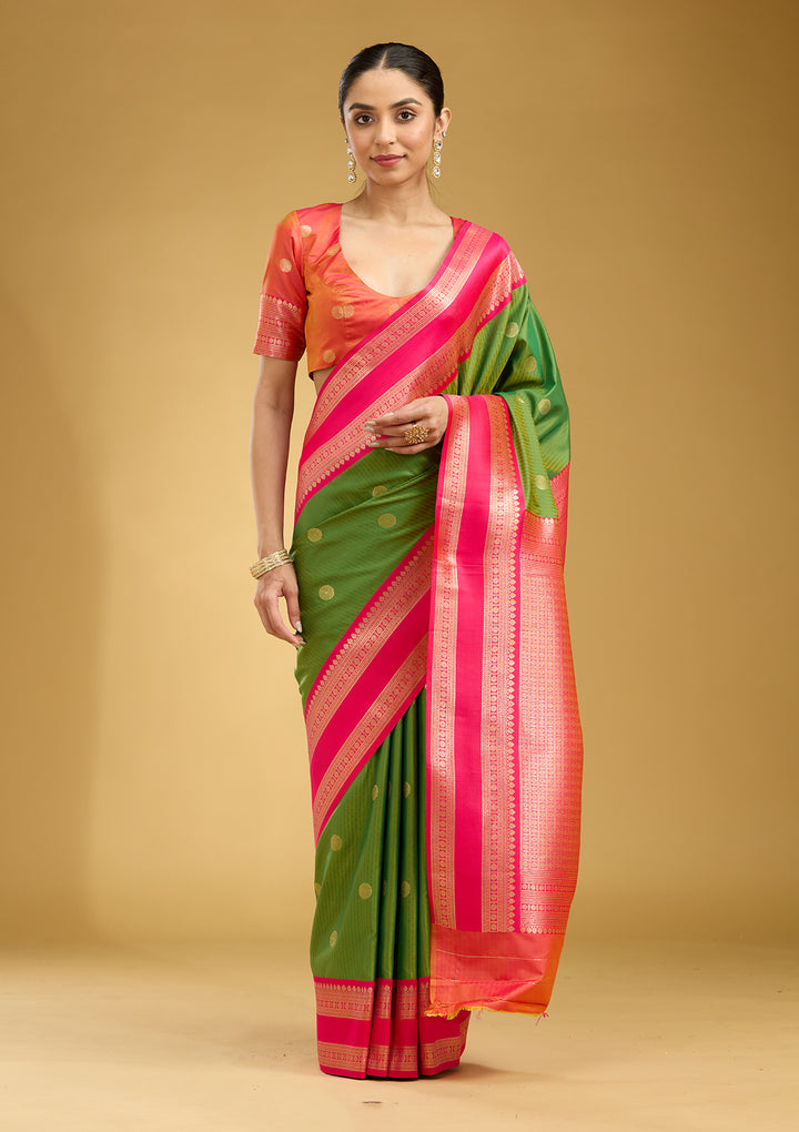 Parrot Green Silk Buti Gold Zariwork Saree With Matching Blouse Piece