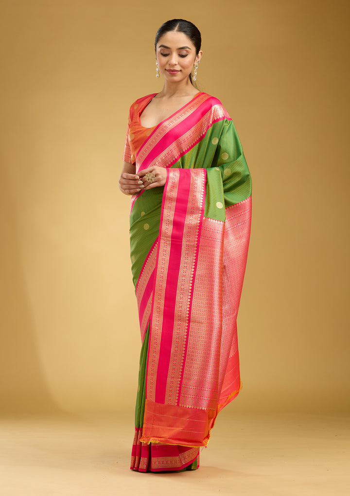 Parrot Green Silk Buti Gold Zariwork Saree With Matching Blouse Piece