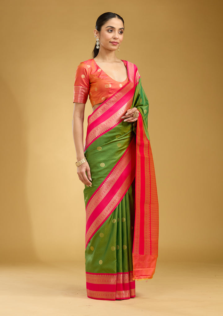 Parrot Green Silk Buti Gold Zariwork Saree With Matching Blouse Piece