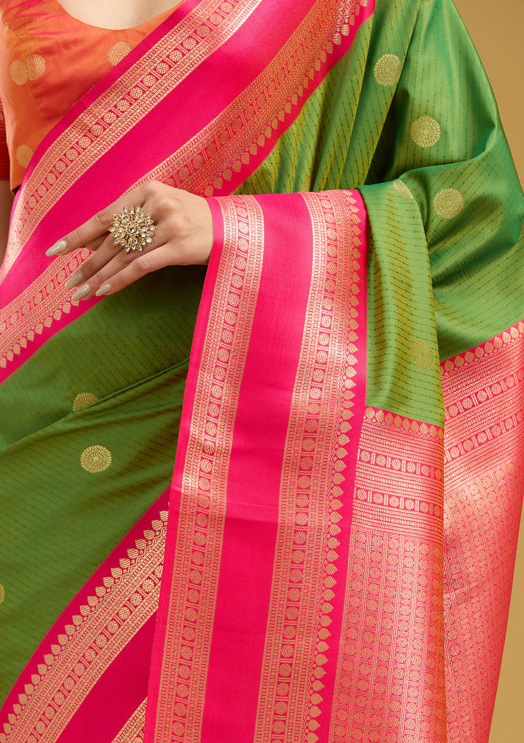 Parrot Green Silk Buti Gold Zariwork Saree With Matching Blouse Piece