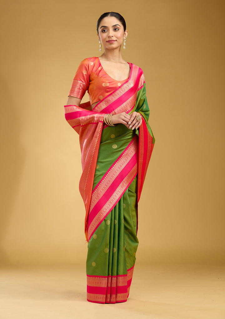 Parrot Green Silk Buti Gold Zariwork Saree With Matching Blouse Piece