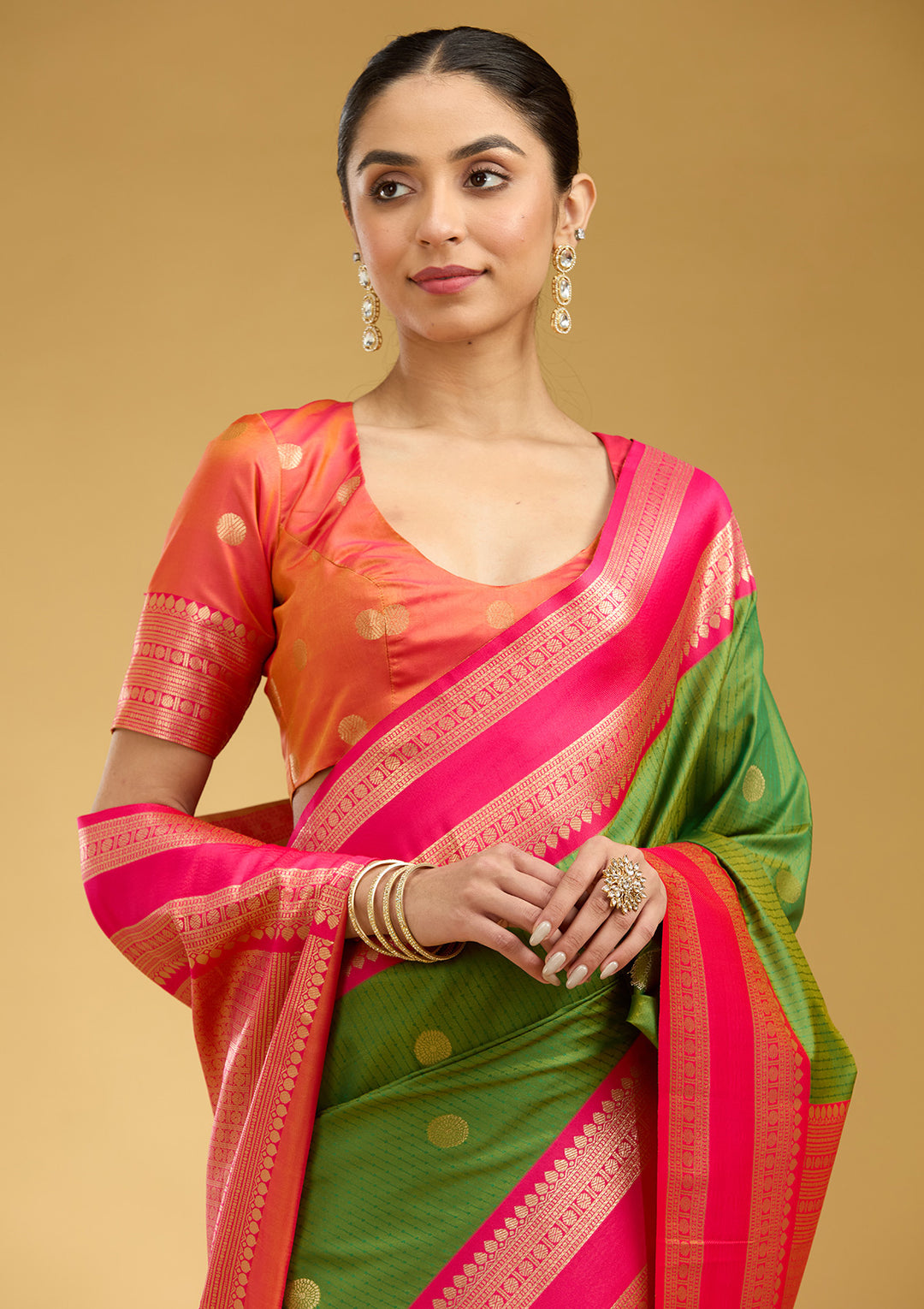 Parrot Green Silk Buti Gold Zariwork Saree With Matching Blouse Piece
