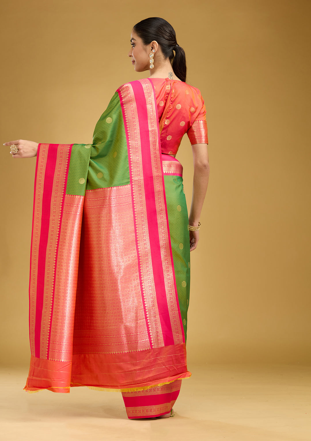 Parrot Green Silk Buti Gold Zariwork Saree With Matching Blouse Piece