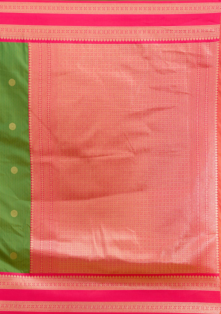 Parrot Green Silk Buti Gold Zariwork Saree With Matching Blouse Piece