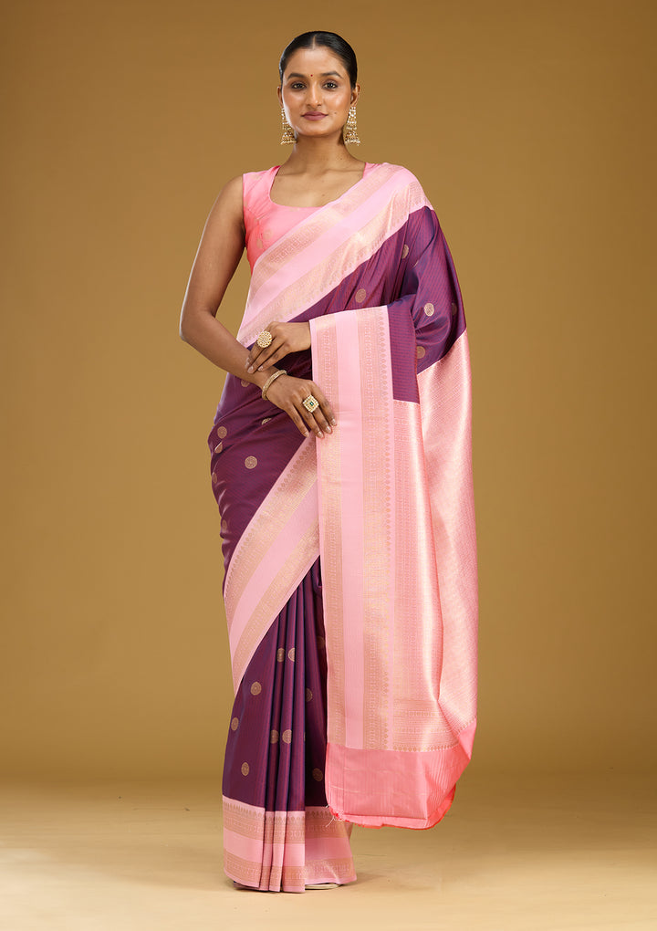Wine Silk Buti Gold Zariwork Saree With Matching Blouse Piece