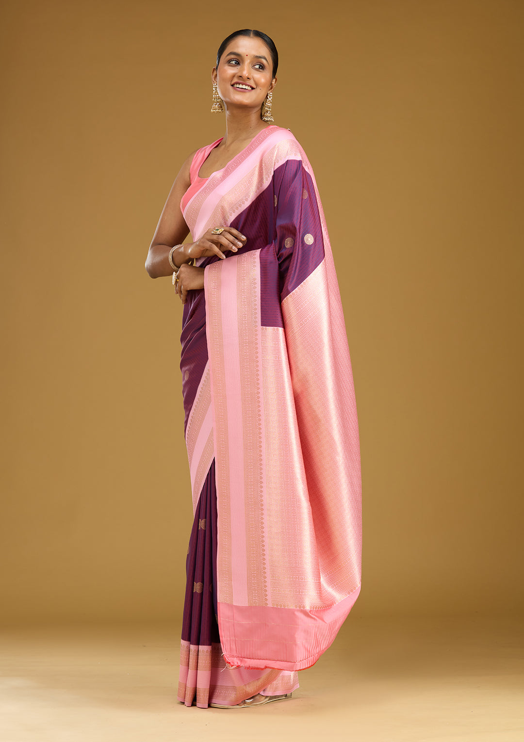 Wine Silk Buti Gold Zariwork Saree With Matching Blouse Piece