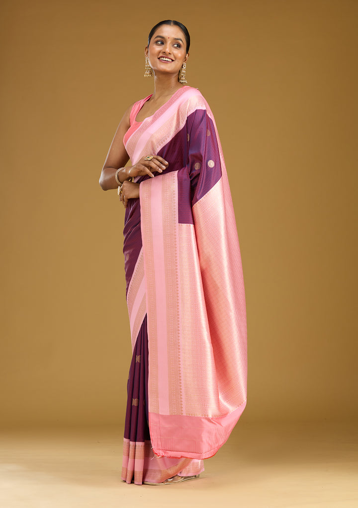 Wine Silk Buti Gold Zariwork Saree With Matching Blouse Piece