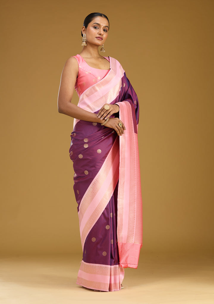 Wine Silk Buti Gold Zariwork Saree With Matching Blouse Piece