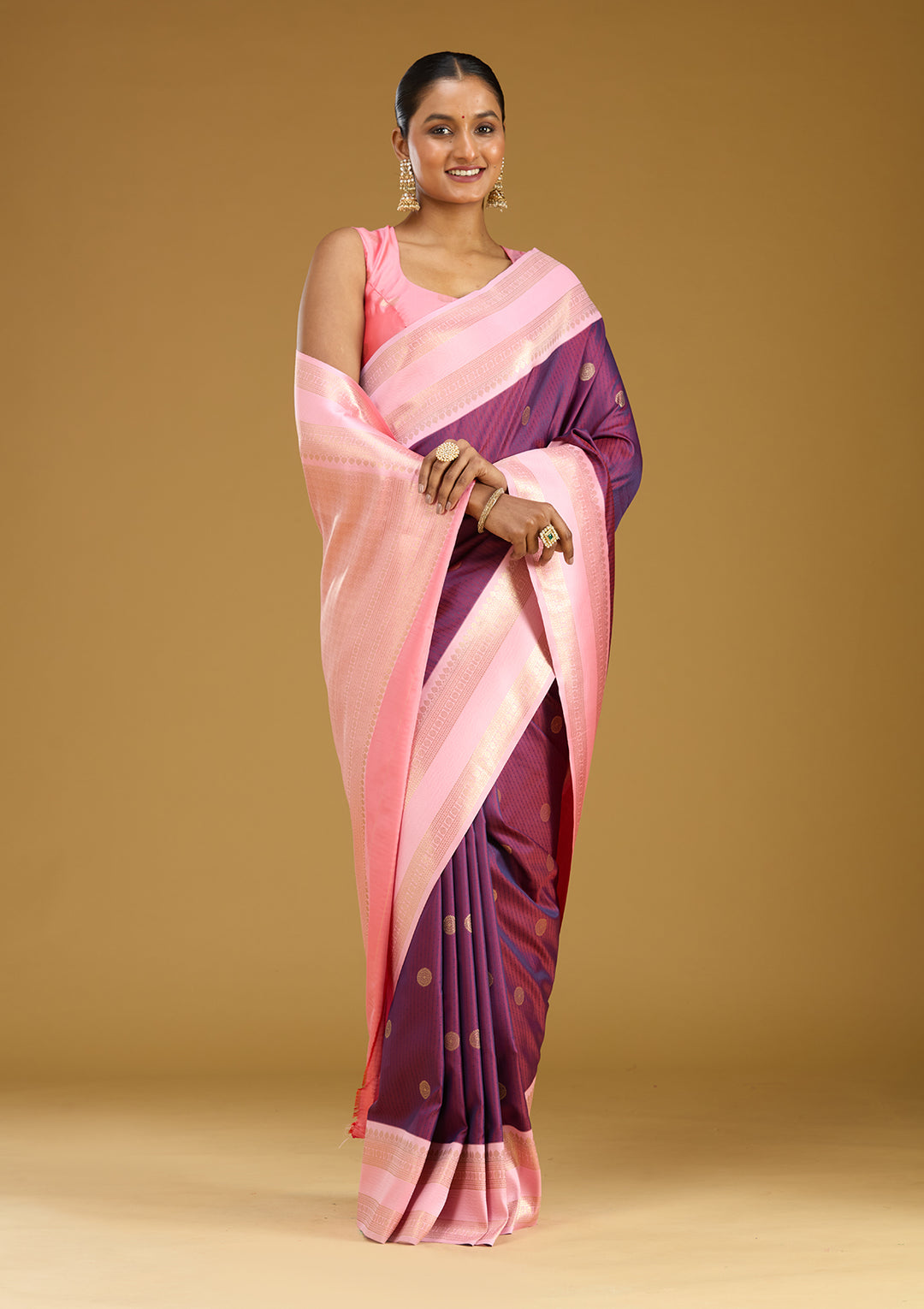 Wine Silk Buti Gold Zariwork Saree With Matching Blouse Piece