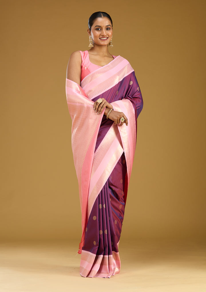 Wine Silk Buti Gold Zariwork Saree With Matching Blouse Piece