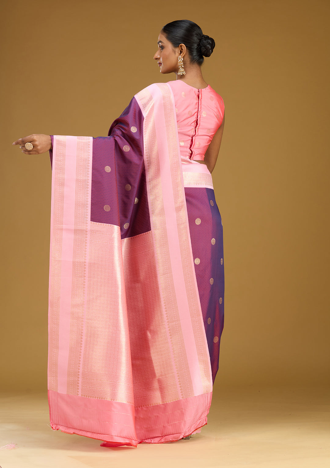Wine Silk Buti Gold Zariwork Saree With Matching Blouse Piece
