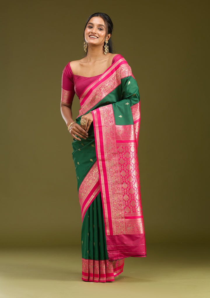Bottle Green Silk Buti Gold Zariwork Saree With Matching Blouse Piece