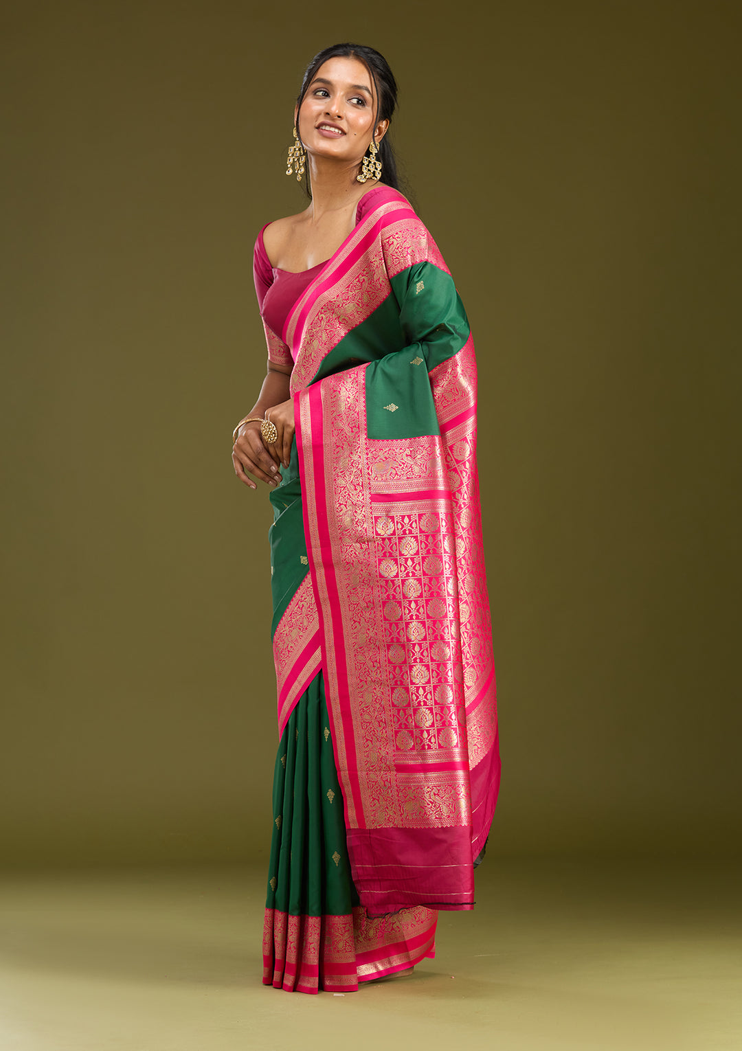 Bottle Green Silk Buti Gold Zariwork Saree With Matching Blouse Piece