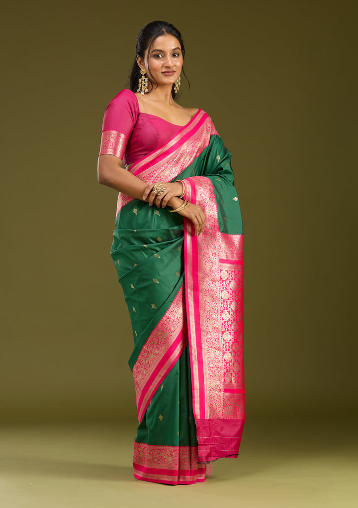 Bottle Green Silk Buti Gold Zariwork Saree With Matching Blouse Piece