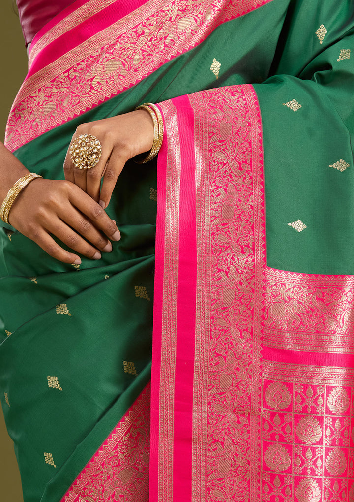 Bottle Green Silk Buti Gold Zariwork Saree With Matching Blouse Piece