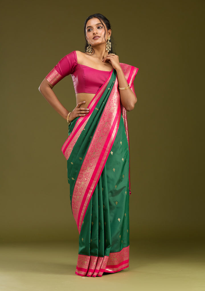 Bottle Green Silk Buti Gold Zariwork Saree With Matching Blouse Piece
