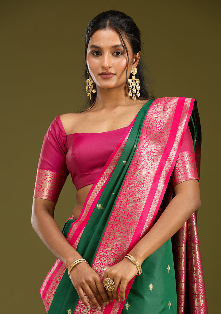 Bottle Green Silk Buti Gold Zariwork Saree With Matching Blouse Piece