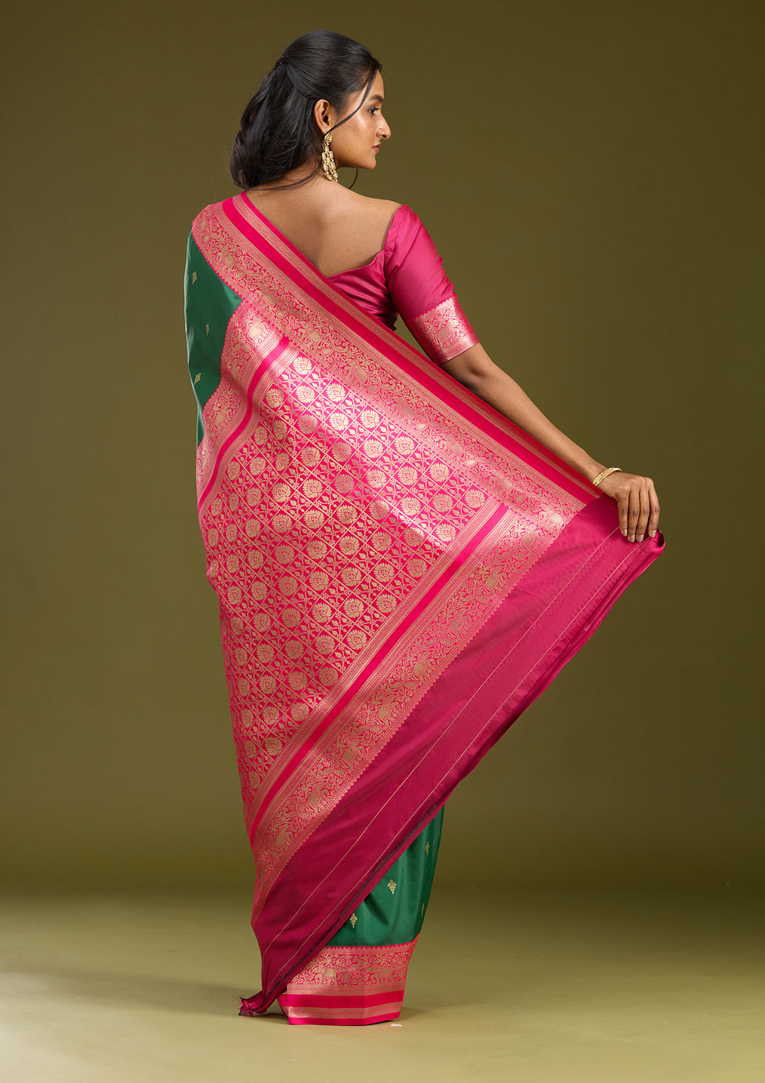 Bottle Green Silk Buti Gold Zariwork Saree With Matching Blouse Piece