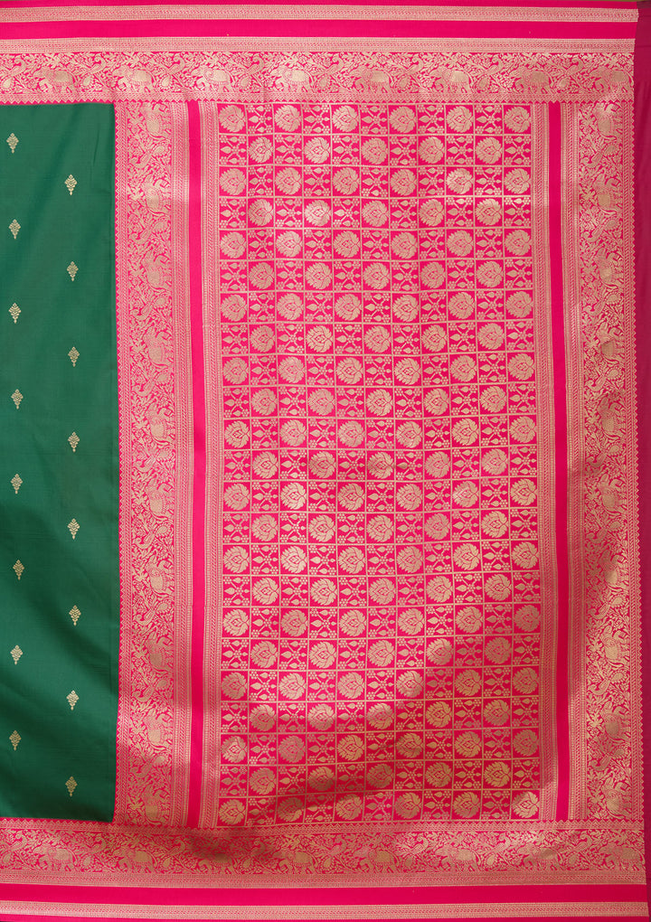 Bottle Green Silk Buti Gold Zariwork Saree With Matching Blouse Piece