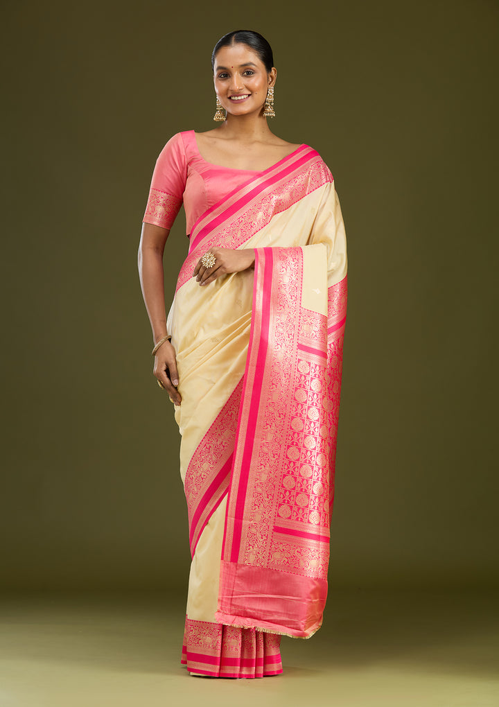 Cream Silk Buti Gold Zariwork Saree With Matching Blouse Piece