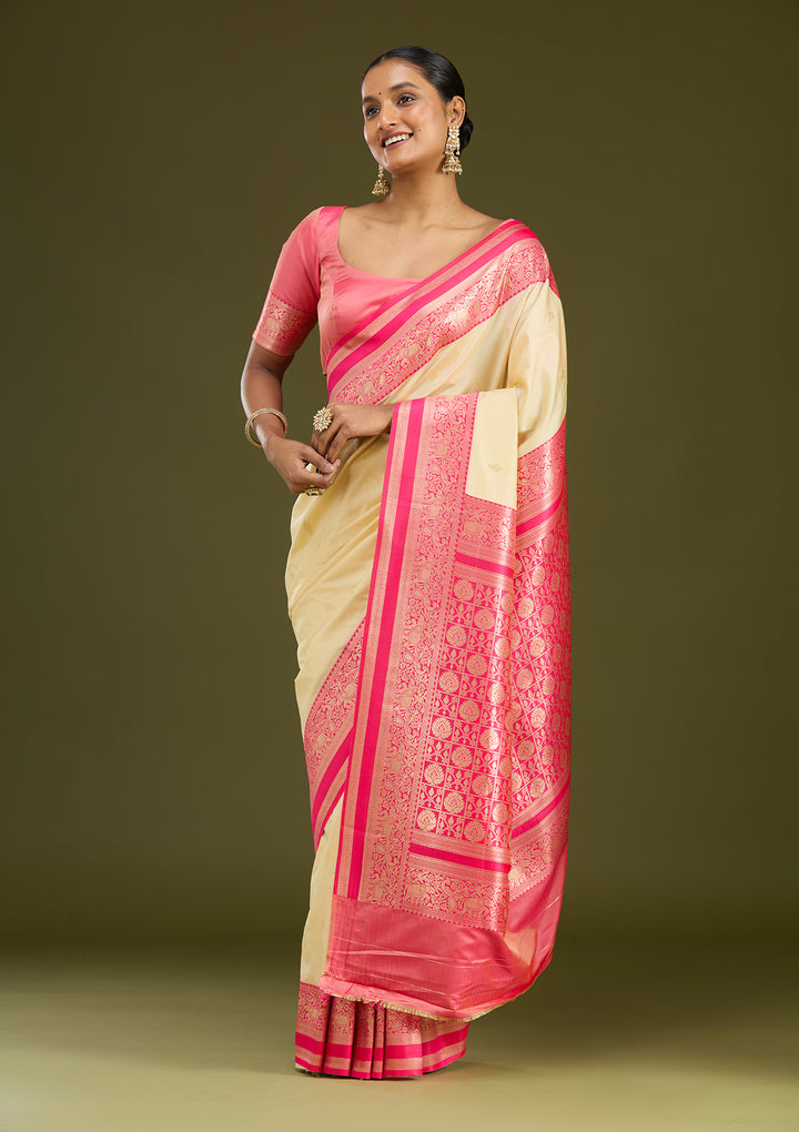 Cream Silk Buti Gold Zariwork Saree With Matching Blouse Piece