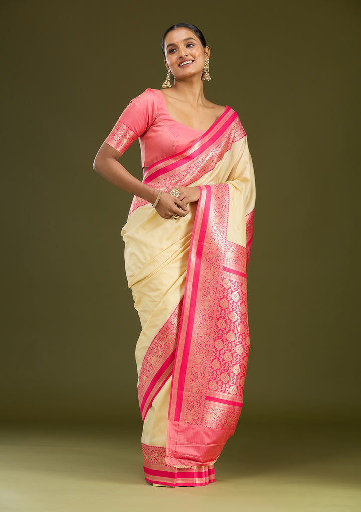 Cream Silk Buti Gold Zariwork Saree With Matching Blouse Piece