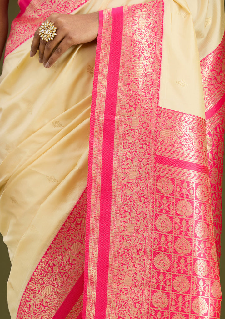 Cream Silk Buti Gold Zariwork Saree With Matching Blouse Piece