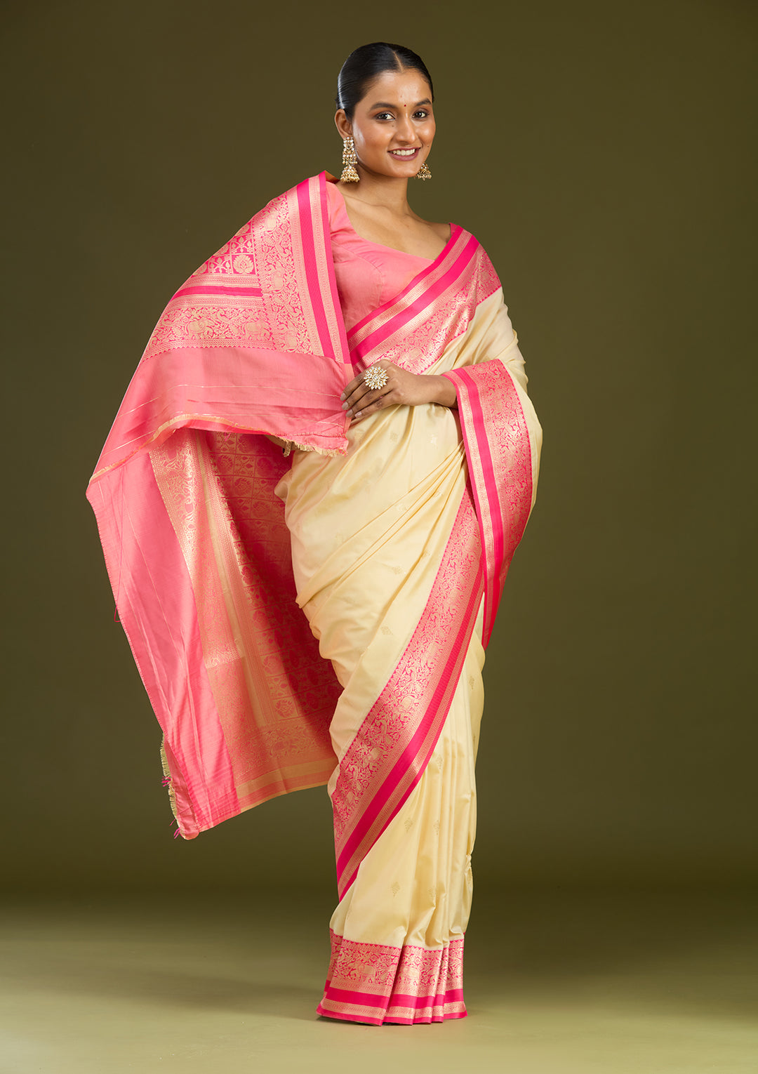 Cream Silk Buti Gold Zariwork Saree With Matching Blouse Piece