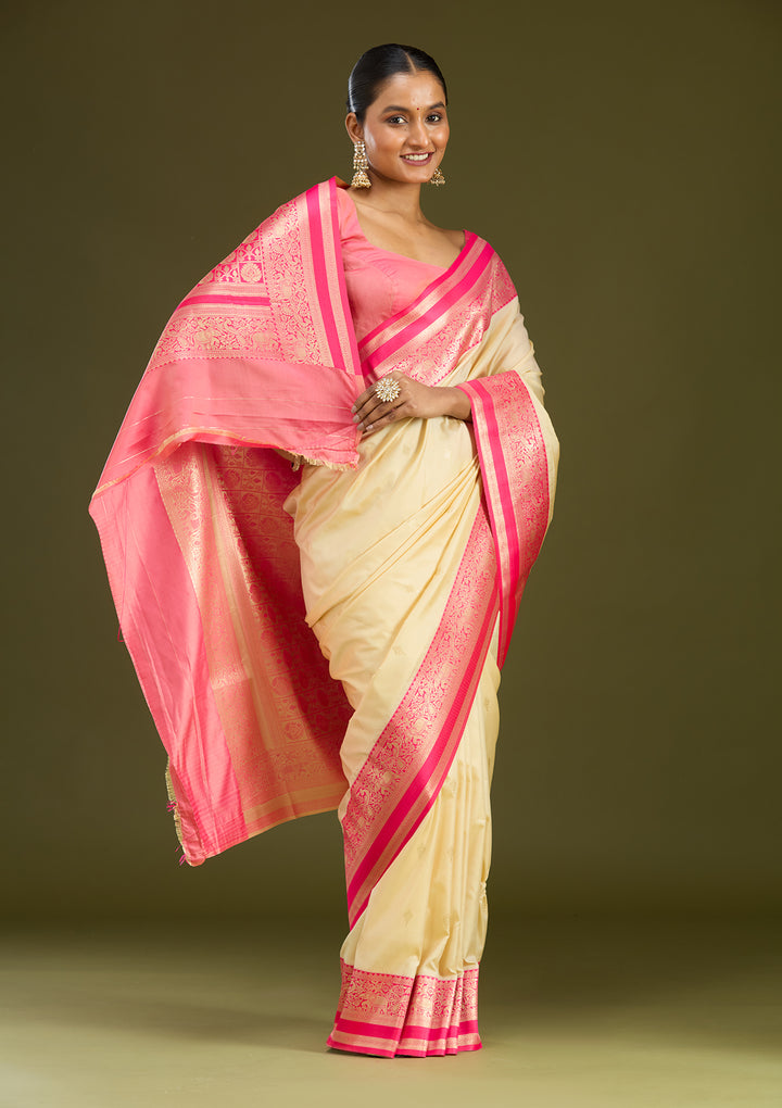 Cream Silk Buti Gold Zariwork Saree With Matching Blouse Piece