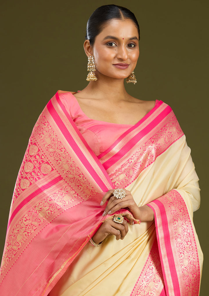 Cream Silk Buti Gold Zariwork Saree With Matching Blouse Piece