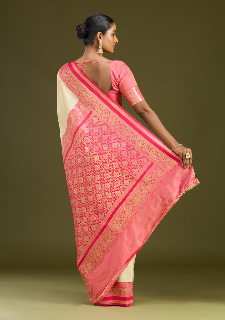 Cream Silk Buti Gold Zariwork Saree With Matching Blouse Piece